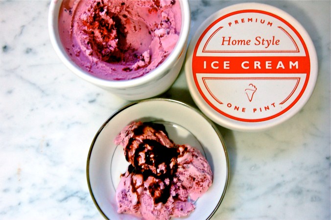 Blackberry ice cream with aged balsamic glaze. Storage containers from Williams Sonoma, designed by my very lovely friend, Amanda.