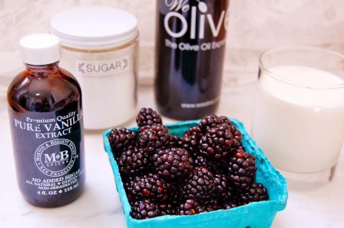 Simple ingredients for the entire recipe: vanilla, sugar, fresh blackberries, aged balsamic vinegar, and fresh whipping cream