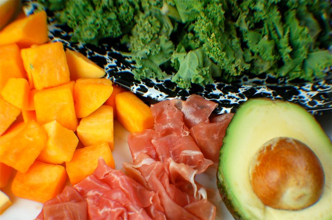 Ingredients for crispy prosciutto, butternut squash, and kale salad